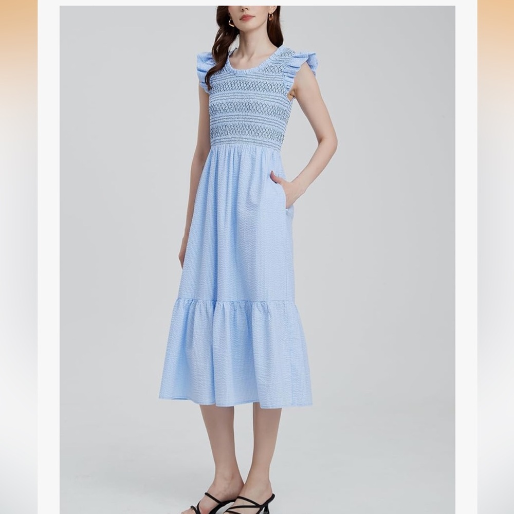 Light Blue Ruffle Sleeve Smocked Midi Dress Large